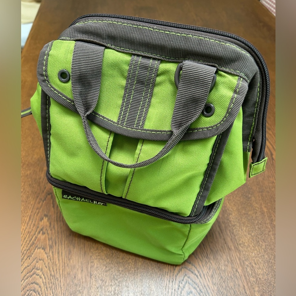 Rachel Ray insulated lunchbag, 2tier/convertible 4 tall drinks. Green/Gray/slvr.